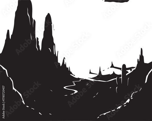 Silhouette of a Stylized Desert Landscape with Airplane