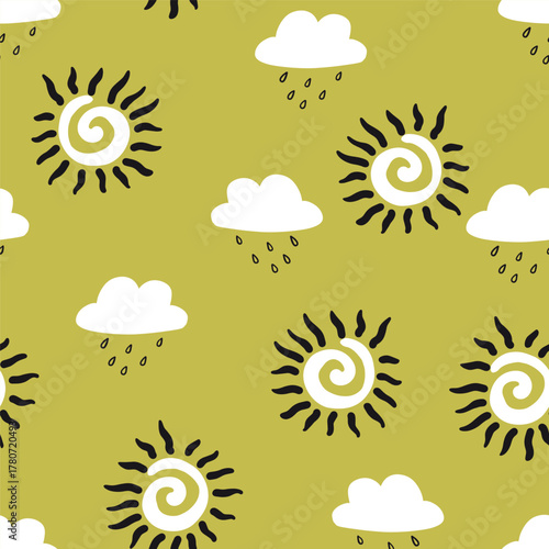 Green and White Sunshine and Raining Clouds Vector Seamless Pattern