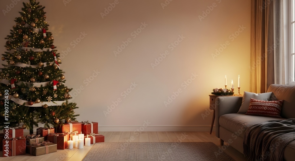 Fototapeta premium Cozy Christmas Living Room with Empty Wall