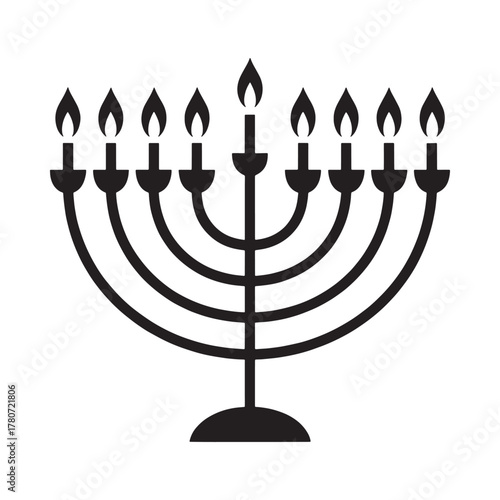 Black silhouette of a hanukkah menorah with nine lit candles