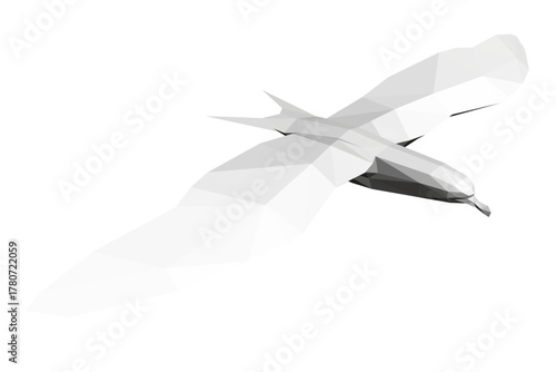 A white seagle flies with wings spread wide, its feathers glistening in sunlight. The bird's beak is open and eyes focused, rendered in a striking polygonal art style.