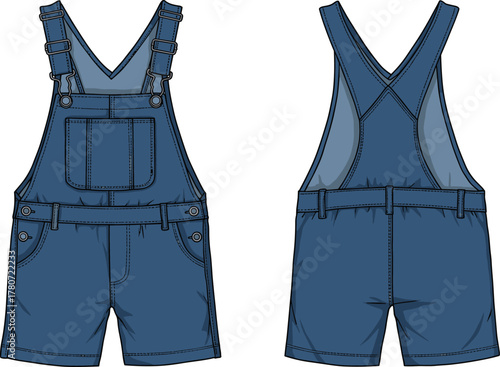 Denim overall shorts, kids dungaree, blue jean romper, fashion flat sketch, unisex overalls, casual summer outfit, vector clothing template, apparel design
