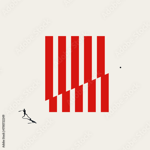 A baseball player hitting a ball with an upward jagged line graph in the background, symbolizing a disruptive game changer idea, achieving a massive sales goal, and market ambition.