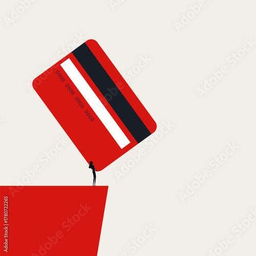 A small person silhouette pushing a huge credit card off a cliff. A powerful vector metaphor for overcoming massive financial debt, achieving freedom, and successful financial management.