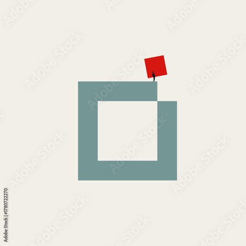 A small figure places the final red piece to complete a large, geometric square shape. A minimalist visual metaphor for problem-solving, achieving a goal, and finding the perfect solution.