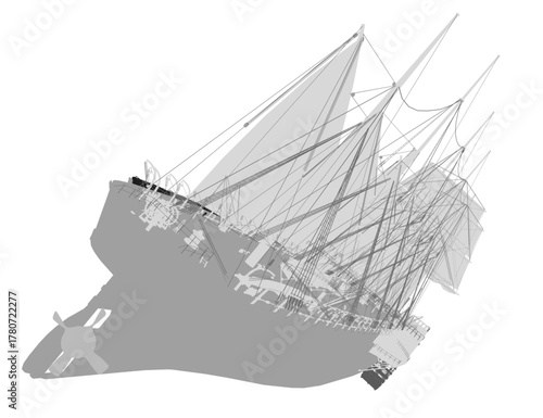 Tall ship sailing vessel with multiple masts and full sails, carrying passengers in silhouette form. Black and white nautical drawing isolated on white background.