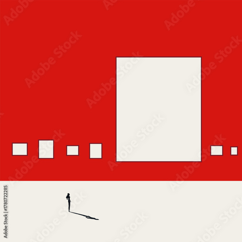 A person looking at a large blank square next to smaller squares on a red wall. This represents the critical importance of seeing the big picture and adopting a comprehensive, strategic view.