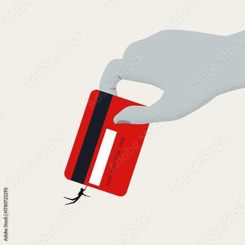 Small human silhouette clinging precariously to a giant credit card held by a massive hand, symbolizing the overwhelming struggle and danger of being burdened by consumer debt.