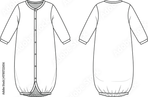 Baby sleep gown, infant nightgown, newborn sleepwear, babywear design, front button onesie, elastic hem romper, cozy baby garment, clothing template
