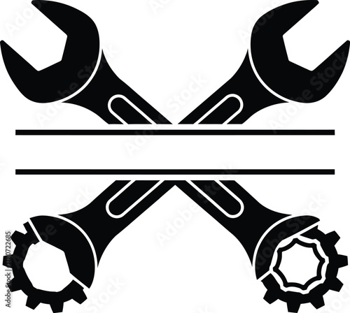 Cartoon Crossed Wrenches Emblem – Stylized Open-End Wrenches with Gear Ends and Parallel Lines for Mechanical, Engineering, or Repair Design Assets