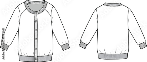 Long sleeve cardigan, button-up sweater, fashion flat sketch, raglan sleeve design, technical drawing, apparel template, garment construction, knitwear illustration