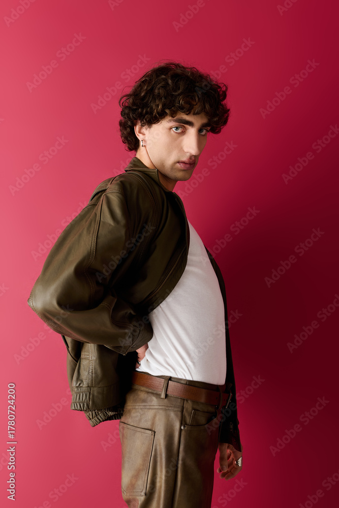 Obraz premium Stylish man poses confidently against a vibrant red wall showcasing modern fashion trends