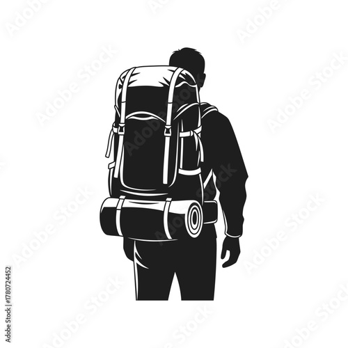 Silhouette of hiker with large backpack walking away on white backdrop, showcasing adventure and solitude in monochrome.