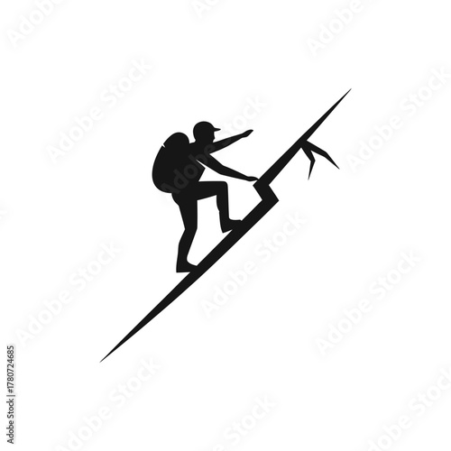 Silhouette of a climber ascending a steep mountain peak with an ice axe, showcasing determination and adventure in a minimalist style.