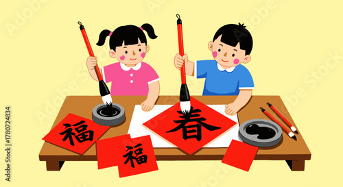 Children Practicing Chinese Calligraphy for Spring Festival with Brushes and Ink.