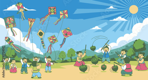 Children Playing Traditional Korean Games and Flying Kites.