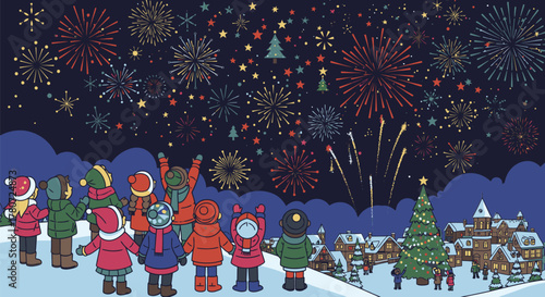 Children Watching Fireworks Display on New Years Eve.