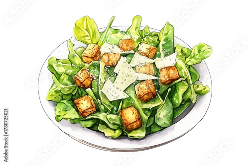 Caesar Salad with Parmesan Watercolor Illustration Isolated on Transparent Background. Watercolor Caesar Salad Bowl with Parmesan Isolated PNG.