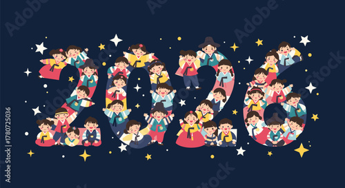 2026 New Year Celebration with People in Traditional Korean Clothing.