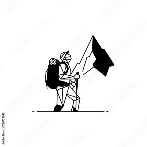 Hiker climbs mountain holding flag representing achievement and perseverance in minimalist style, symbolizing adventure and overcoming challenges.