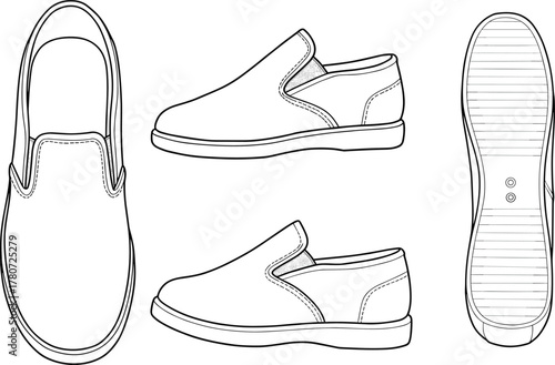 Slip-on shoe technical drawing, top view, side view, bottom view, footwear blueprint, sole design, tread pattern, manufacturing reference, sketch