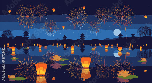 Floating Lanterns and Fireworks over a Tranquil Lake at Night.