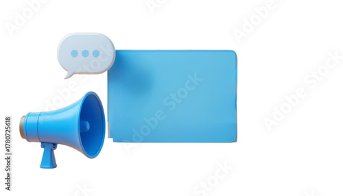 A blue megaphone next to a blue folder and a speech bubble icon. The scene represents communication and information sharing.