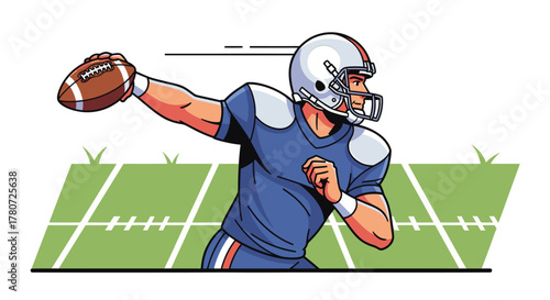 American Football Quarterback Throwing Ball in Cartoon Style.