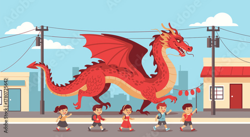 Giant Red Dragon Encounter with Children in a City Street.