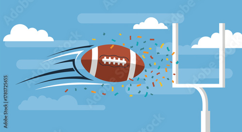 American Football Soaring Through Goalpost with Confetti Burst.