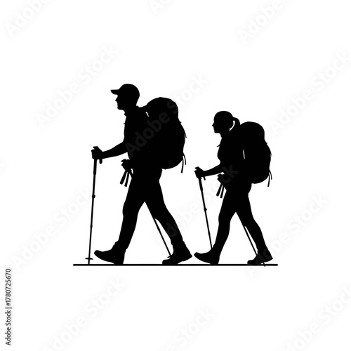 Silhouetted hikers trekking uphill with backpacks and poles on a sunny trail, enjoying the challenge and camaraderie of outdoor adventure.