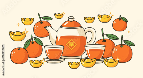 Chinese New Year Tea Ceremony with Oranges and Gold Ingots.