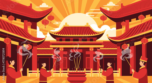 Chinese Temple Ceremony with Incense and Red Decorations.