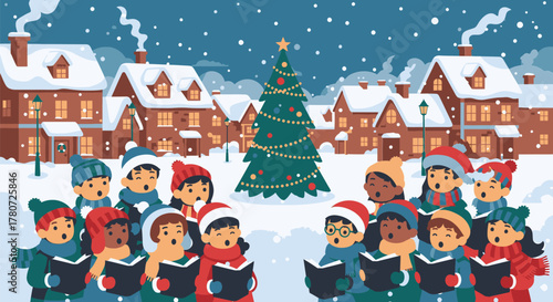 Christmas Carolers Singing in Snowy Village Scene.