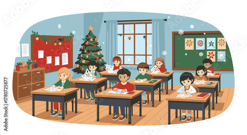 Classroom Scene with Students and Christmas Tree Illustration.