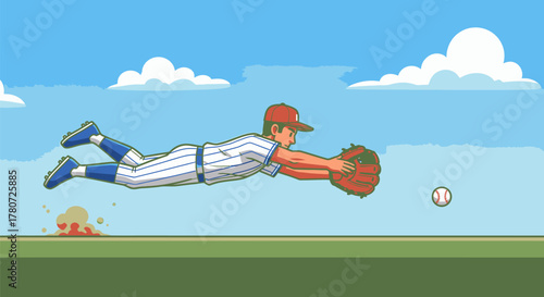 Baseball Player Diving to Catch Ball in MidAir.