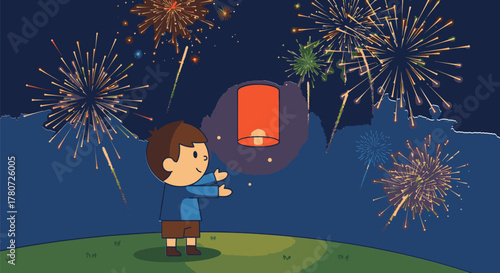 Boy releasing sky lantern during fireworks display at night.