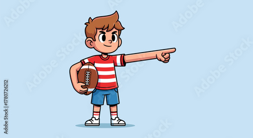 Cartoon Boy with Football Pointing Forward with Determination.