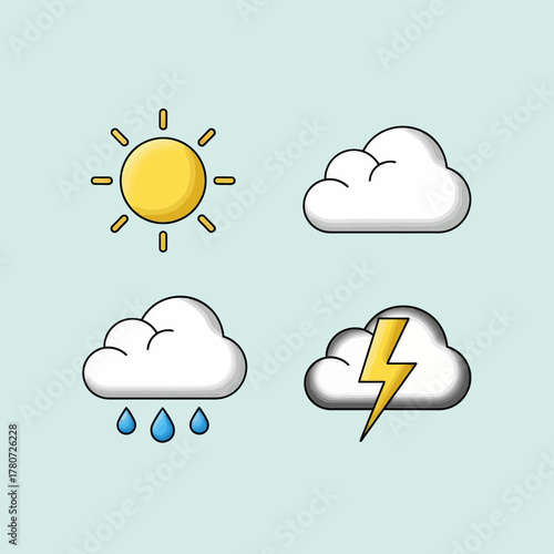 Graphic illustration of four weather icons including sun, clouds, raindrops, and lightning on a light blue background.