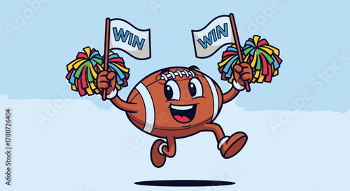 Cartoon Football Character Cheering with Flags and Pompoms.