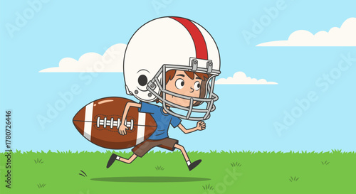 Cartoon Football Player Running with Ball and Helmet.