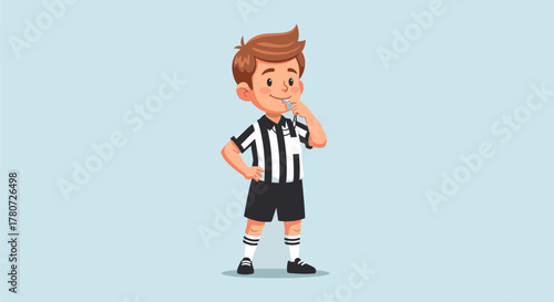 Cartoon Referee Boy in Striped Shirt Thinking Deeply.
