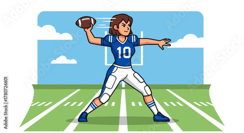 Cartoon Woman Quarterback Throwing Football on Field.