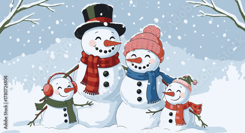 Cheerful Snowman Family Enjoying Winter Together in a Snowy Landscape.