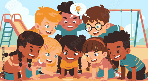 Diverse Group of Children Gathered Around Something Interesting on Playground.