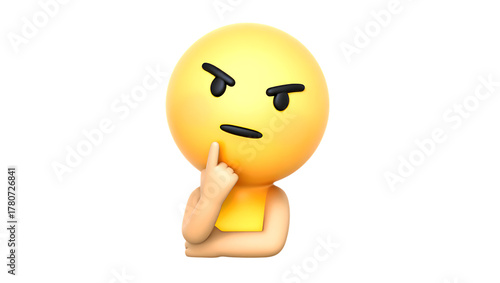 3d icon of a 3d emoji character with a yellow face, furrowed brow, and finger to its chin, contemplating a difficult decision or problem isolated on transparent background, 3d abstract shape