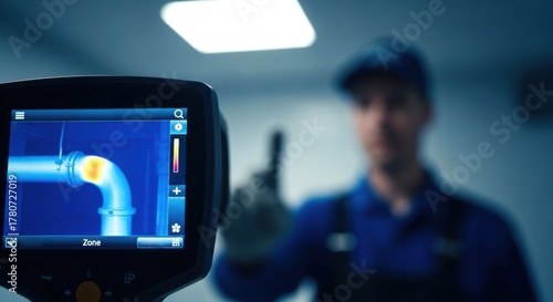 Plumber inspecting pipes with thermal imaging camera — ideal for winterized plumbing, home safety and home maintenance content.