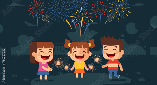 Children Celebrate with Sparklers and Fireworks in the Night Sky.