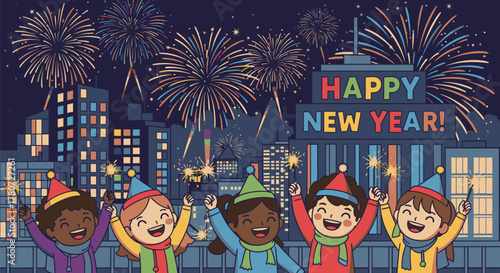Children Celebrating New Years Eve with Fireworks Over Cityscape.