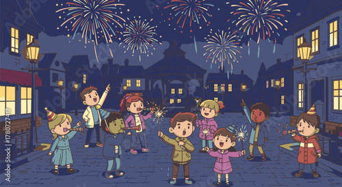 Children Celebrating with Fireworks in a Festive Night Scene.